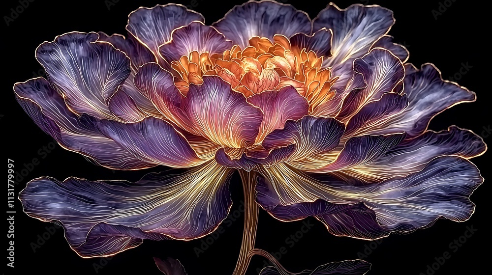 Fototapeta premium Close-up of a vibrant purple and gold peony flower with intricate details, isolated on a black background.