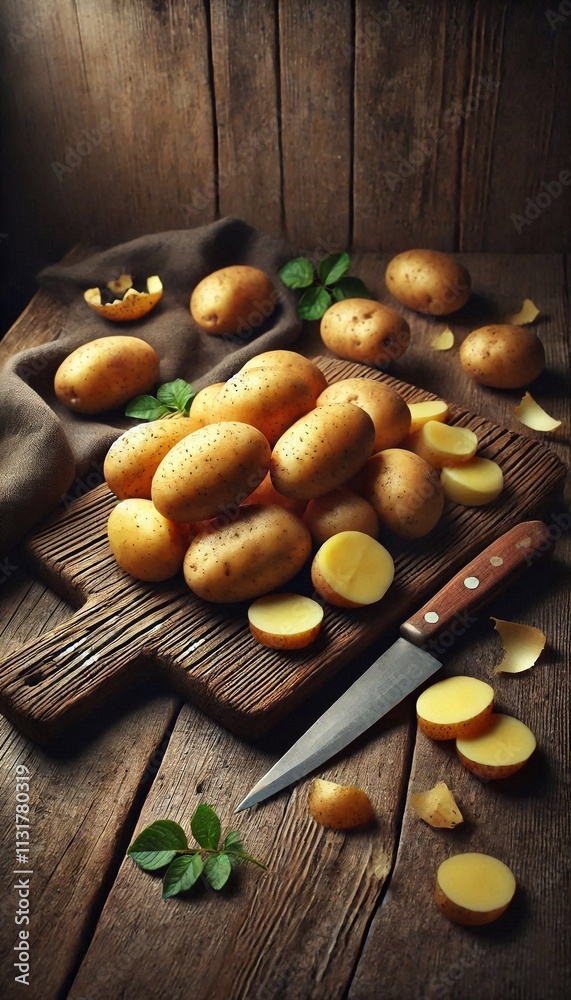Fototapeta premium Fresh Potatoes on a Wooden Cutting Board