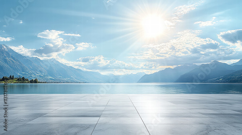 Empty marble floor with a beautiful sky and mountain background photo