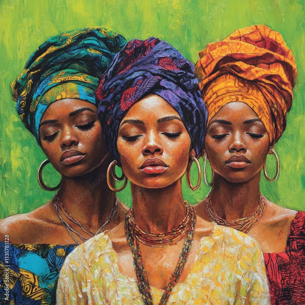 Obraz premium Three beautiful African women, adorned with colorful head wraps, beaded necklaces, and large hoop earrings, posed in a serene and thoughtful manner, against a vibrant green background.