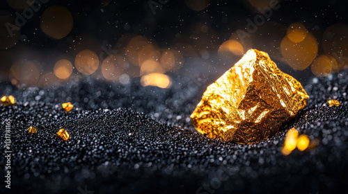 shiny gold rock on black sand with sparkling bokeh background