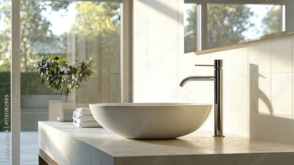 Fototapeta premium Stylish Minimalist Bathroom Sink in Bright Interior