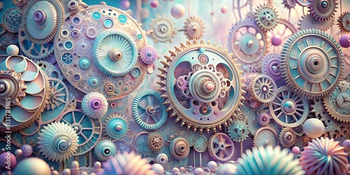 A mesmerizing symphony of metallic gears and orbs in pastel hues, intricately woven together, revealing a world of delicate machinery and ethereal beauty. photo