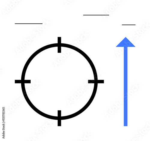 Black target circle with crosshairs intersected by a vertical blue upward arrow, along with three horizontal lines at varying heights. Ideal for focus, precision, goals, navigation, direction