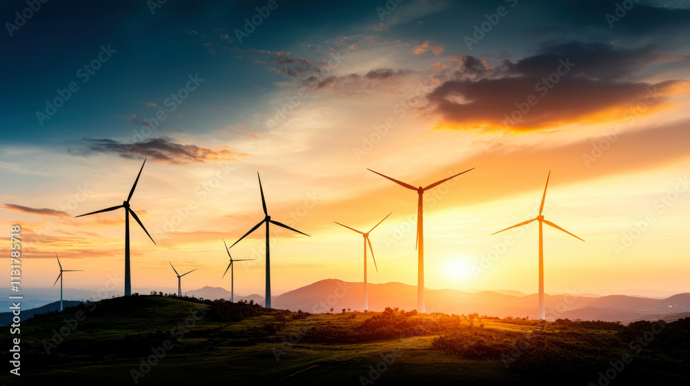 Fototapeta premium Wind turbines on hillside at sunset, creating serene landscape