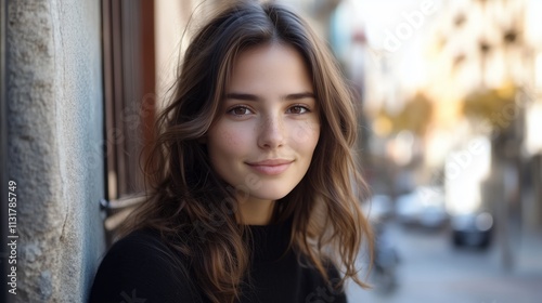 Wallpaper Mural Woman with brown hair and a black shirt is standing in front of a building Torontodigital.ca