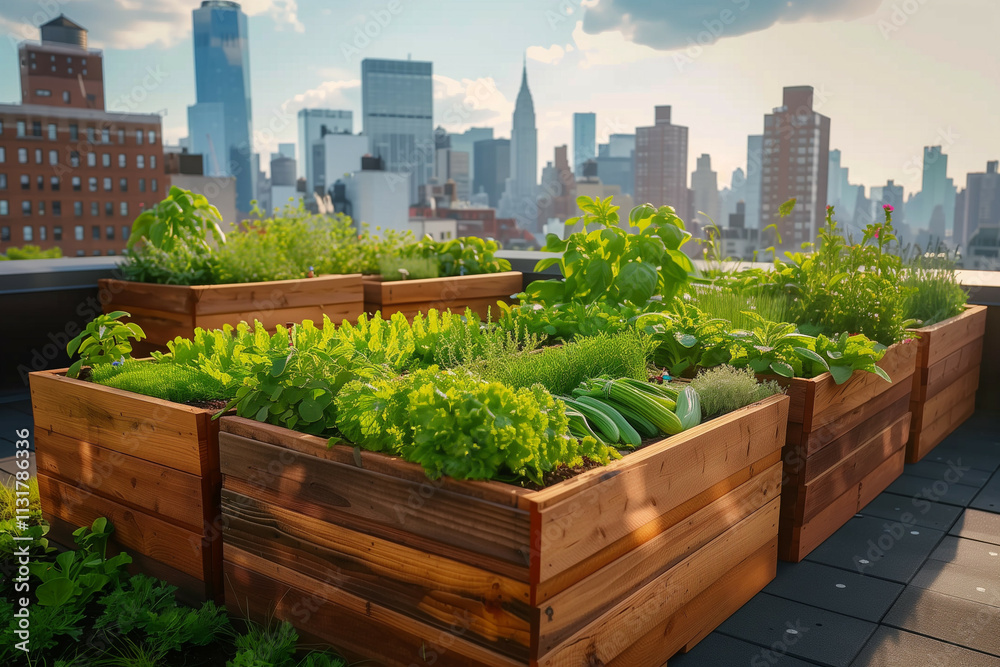 Fototapeta premium A rooftop garden in an urban setting featuring lush greenery with a cityscape backdrop, emphasizing sustainable living