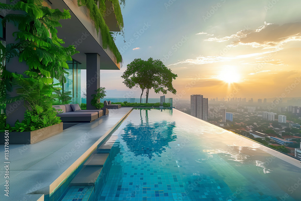 Fototapeta premium A Luxurious Rooftop Infinity Pool Overlooking a Cityscape at Sunset with Lush Greenery and Modern Design Elements