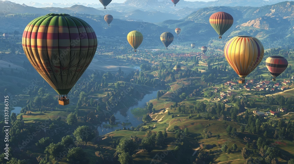 Fototapeta premium Colorful hot air balloons soaring over serene landscapes scenic valley aerial photography morning light adventure and tranquility