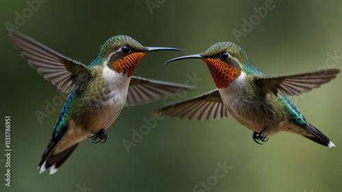 Two hummingbirds in flight, facing each other, with vibrant colors and outstretched wings. photo