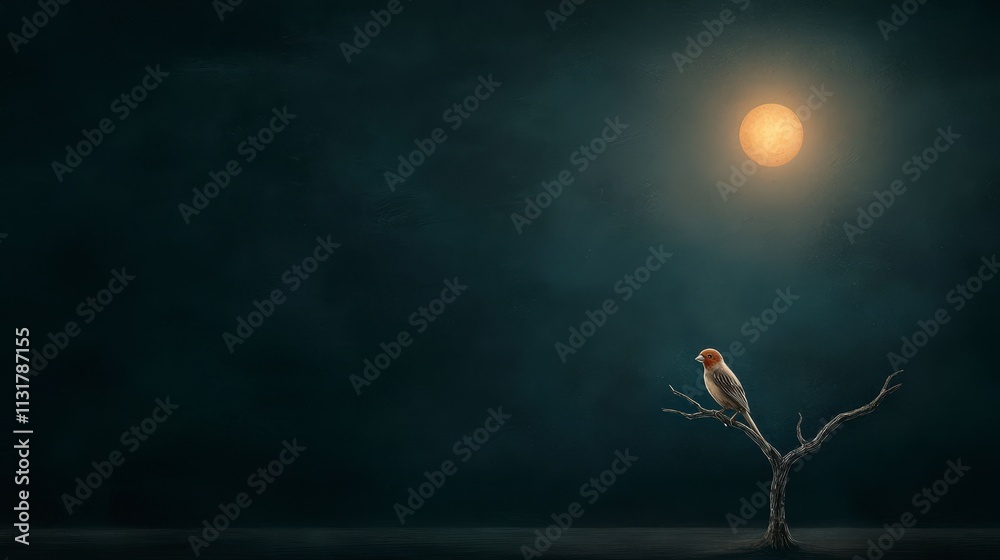 Fototapeta premium Solitary Bird on Dead Tree Branch Under Night Sky Full Moon