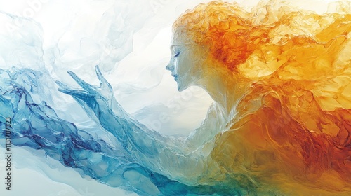 Serene Embrace of Fire and Ice: A Woman Transformed by Elemental Forces