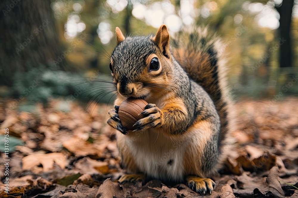 Fototapeta premium Adorable Squirrel Enjoying A Nut In Autumn Leaves