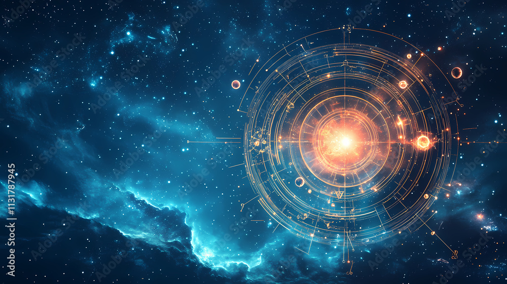 Obraz premium Celestial chart glowing with cosmic symbols and planets in a starry night sky. Starry. Illustration