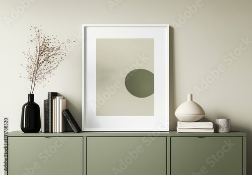 Clean living space with a white frame on a sage green cabinet, books, and vases as decor.