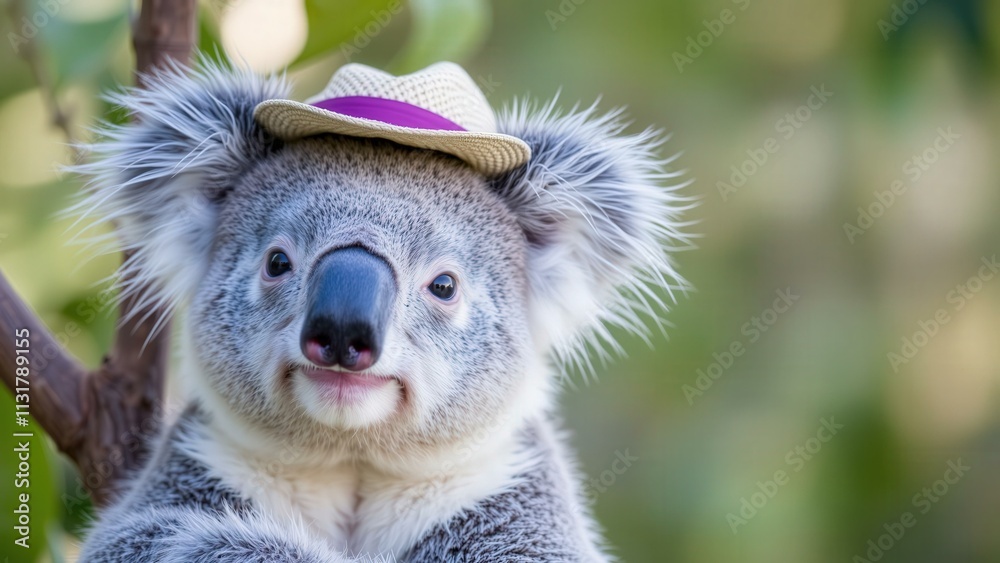 Fototapeta premium Adorable Koala in a Hat: Perfect for Wildlife, Nature, and Animal Lovers