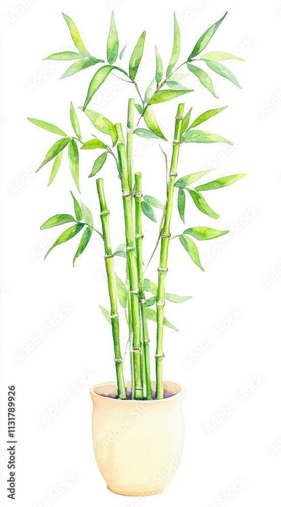 Fototapeta premium Zen Garden Watercolor Painting of Potted Bamboo in Pastel for Peaceful Home Vibes