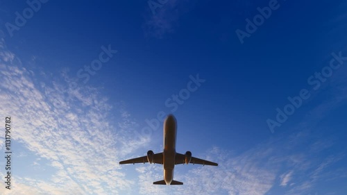 The plane flies across the sky