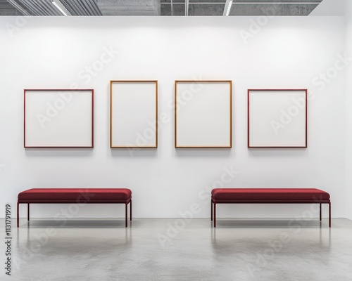 Modern gallery room with four blank frames on white walls, crimson seating bench in the front.