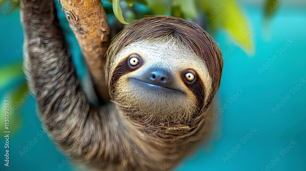 Fototapeta premium Adorable Sloth Hanging on Tree Branch in Lush Tropical Rainforest