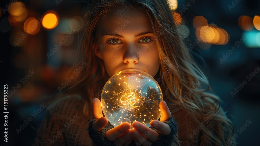 Naklejka premium Woman holding glowing orb at night.