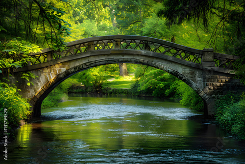 Tranquil Stone Bridge Over Serene River Connecting Vibrant Lush Landscapes photo