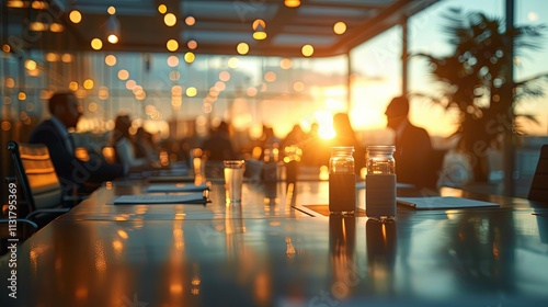 Sunset Business Meeting: Silhouetted Figures at a Conference Table with Jars