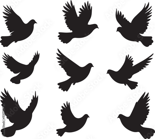Silhouette of a flock of pigeons in flight vector silhouette