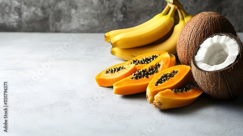 Tropical Fruits Bananas Papaya Coconut Arranged Beautifully photo