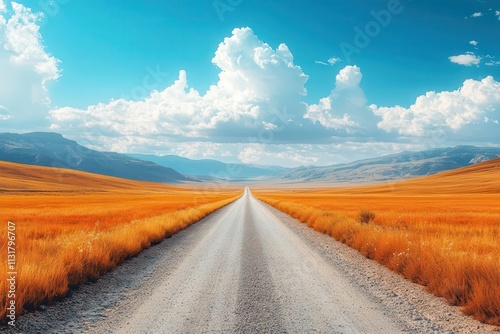 stunning sand desert landscape featuring a hot dusty road stretching into the horizon embodying the adventurous spirit of a western road trip with an emphasis on vibrant earth tones photo