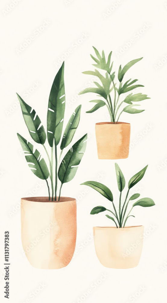 Fototapeta premium Geometric Pots with Potted Plants A Watercolor Study in Contemporary Design
