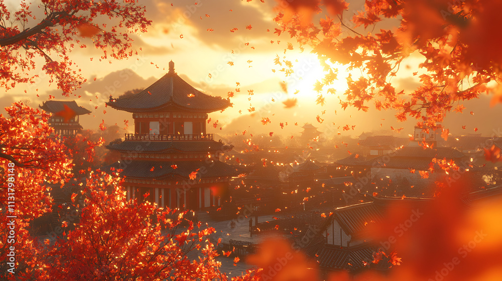 Obraz premium Autumn Sunset Over Ancient Chinese Architecture