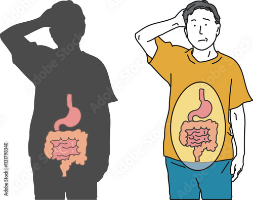 腸内環境を気にしている男性のシンプルイラスト