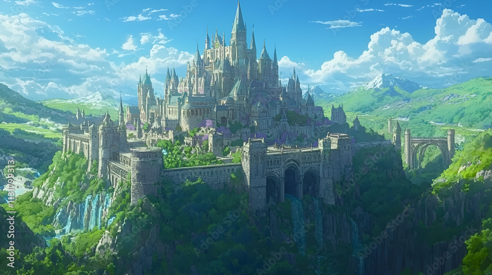 Fototapeta premium Majestic Mountaintop Castle Amidst Lush Greenery and Blue Skies