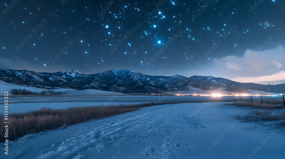 Obraz premium Starry Night Sky Over Snowy Mountain Range And Frozen Road