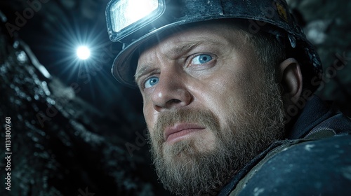 Life beneath earth: a mine worker focused on excavation in a subterranean environment showcasing the hard work, persistence, and skill involved in the mining profession. photo