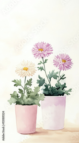 Wallpaper Mural Elegant Chrysanthemums in Pastel Pots Watercolor Art for a Soft Floral Display Torontodigital.ca