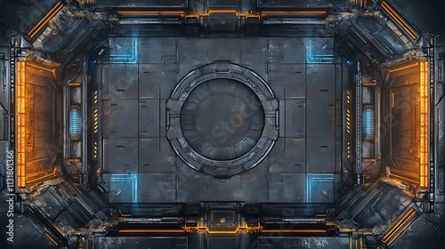 Futuristic metallic room with orange and blue accents, top-down view.