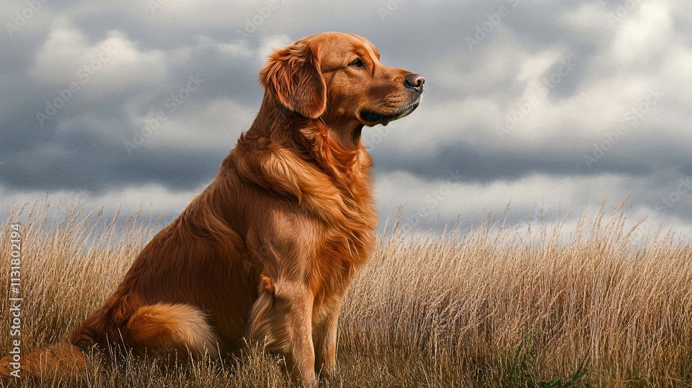 Obraz premium Golden Retriever Dog Sitting In Field Under Cloudy Sky