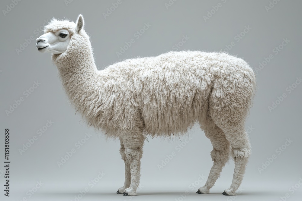 Fototapeta premium Charming White Llama Grazing in a Vibrant Green Meadow Under Clear Blue Sky, Exuding Playful Energy and Natural Beauty, Perfect for Animal Lovers and Nature Enthusiasts Capturing Joyful Moments