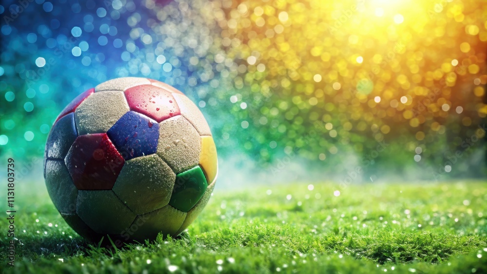 Naklejka premium Colorful soccer ball covered in water droplets on dewy green field, sport, soccer, ball, water droplets, dew, green, field