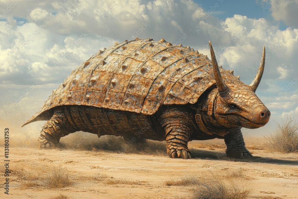 Fototapeta premium Majestic Giant Tortoise Traversing the Arid Desert Landscape, Showcasing Resilience and Adaptability Amidst Golden Sand Dunes Under a Clear Blue Sky, Evoking a Sense of Isolation and Wonder