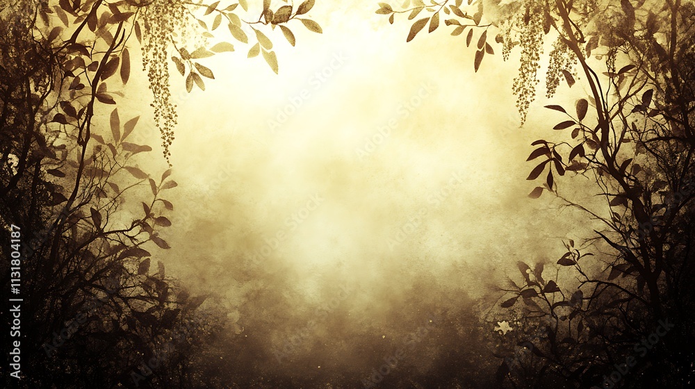 Fototapeta premium Mystical golden forest scene with foliage frame.