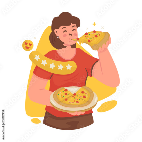 A cute girl enjoying pizza as a food review vlogger vector illustration