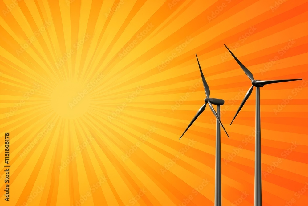 Fototapeta premium A flat design of three stylized wind turbines in silhouette, set against a circular sunburst pattern