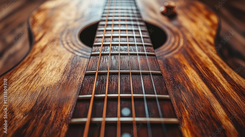 Fototapeta premium Close-up of acoustic guitar strings and wood grain.