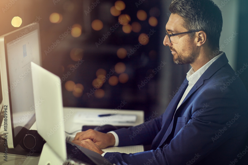 Fototapeta premium Businessman, night or accounting on computer for investment, finance news or budget plan for profit. Bokeh, email or financial advisor on touchscreen technology for update or online economy report