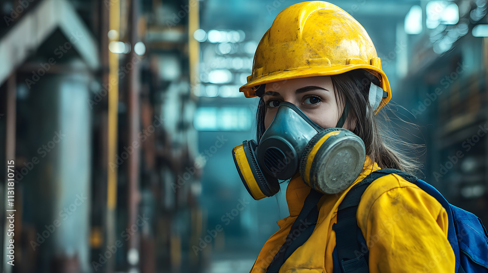 Fototapeta premium A woman adorned in a vibrant yellow helmet and protective gas mask stands confidently in a hazardous work environment.
