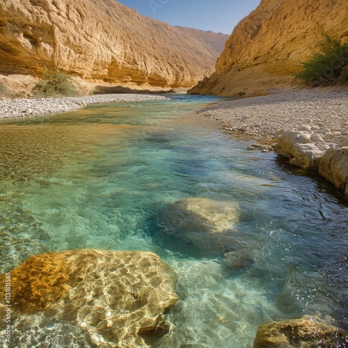 Serene River Flowing Through Golden Canyon Rock Formations Under Bright Blue Sky with Lush Greenery Along the Water's Edge, Evoking Tranquility and Natural Beauty