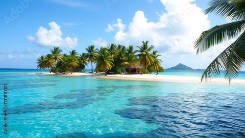 Tropical paradise vacation on the beautiful blue sea of Los Roques, Venezuela with pristine beach, palm trees, and crystal clear waters, great beach, blue sea